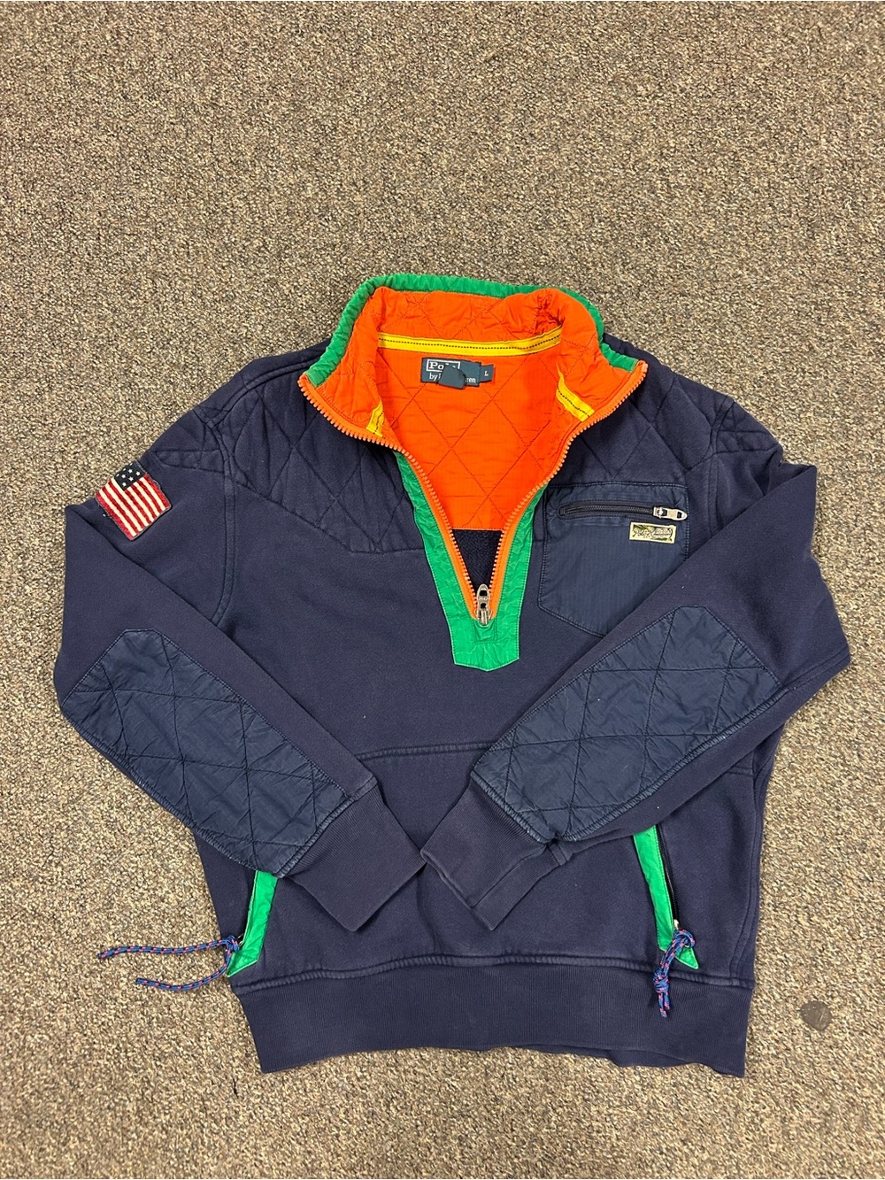 Large Vintage Polo Ralph Lauren half zip sweatshirt with American USA flag Patch
